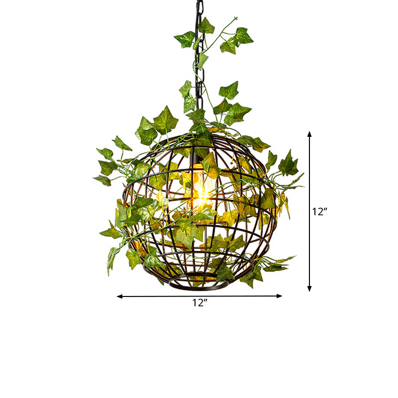 Orb Cage Metal Ceiling Light Antiqued 1 Head Dining Room Pendant Lamp in Black with Artificial Leaf Deco