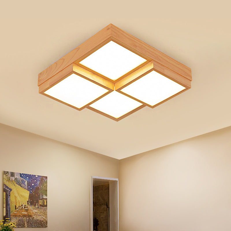 Natuurlijke Houten Vierkante Flush Licht Moderne 4/6/9-Licht Houten LED Plafond Lamp in Warm/Wit/Natuurlijk Licht