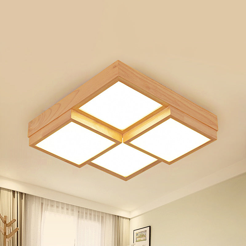Natuurlijke Houten Vierkante Flush Licht Moderne 4/6/9-Licht Houten LED Plafond Lamp in Warm/Wit/Natuurlijk Licht