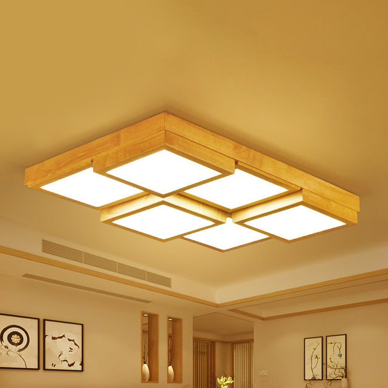 Natuurlijke Houten Vierkante Flush Licht Moderne 4/6/9-Licht Houten LED Plafond Lamp in Warm/Wit/Natuurlijk Licht