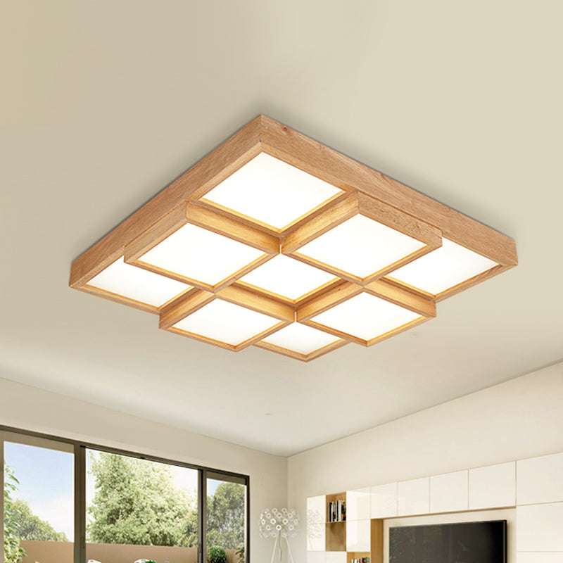 Natuurlijke Houten Vierkante Flush Licht Moderne 4/6/9-Licht Houten LED Plafond Lamp in Warm/Wit/Natuurlijk Licht