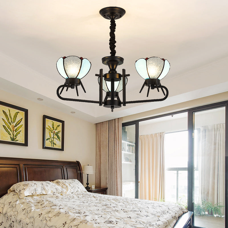 Tradizionale lampadario floreale Light con ciondolo a soffitto in vetro blu a 3 luci per ristorante