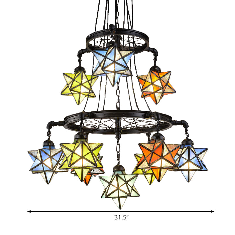 2 Tiers Star Chandelier Lamp Vintage Stained Glass Ceiling Light Fixture in Black Finish