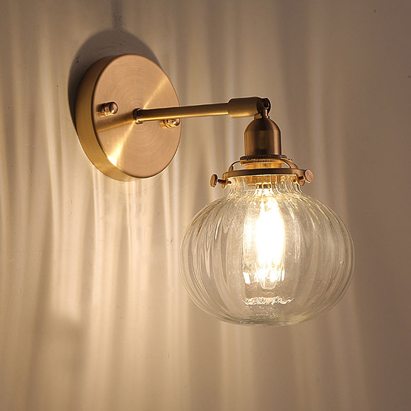 1 Kopfwand montierte Lampe Kolonialkugel Klar/Cognac Prismatic Glass Leuchte Beleuchtung in Gold