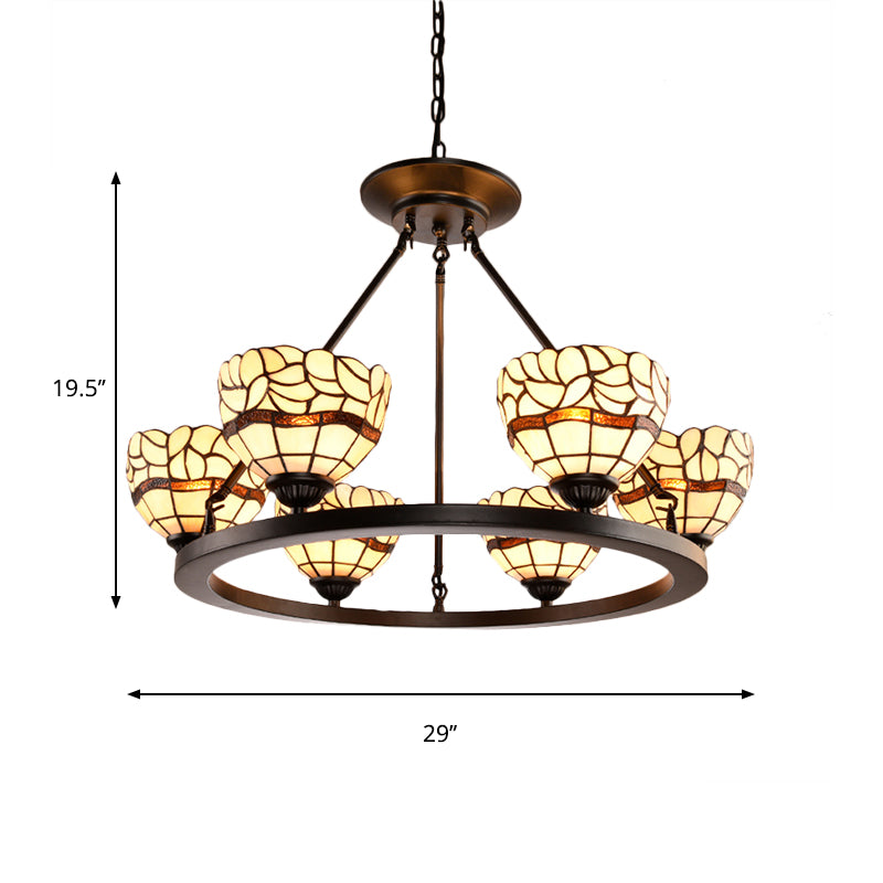 Beige Glass Bowl Chandelier with Adjustable Chain 6 Lights Rustic Hanging Ceiling Light in Beige