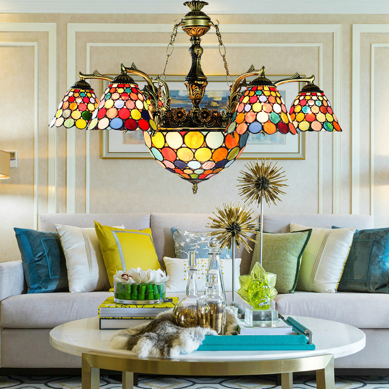 Tiffany lampadario svasato a 11 luci vetrate a soffitto appeso in bronzo antico con motivazione geometrica/libellula/girasole