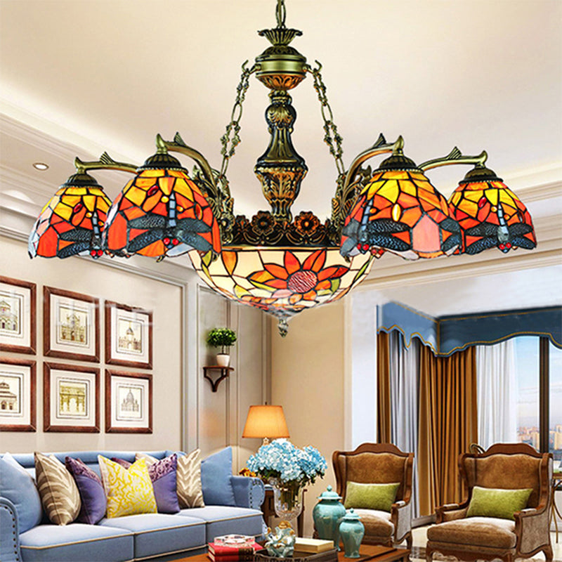 Tiffany lampadario svasato a 11 luci vetrate a soffitto appeso in bronzo antico con motivazione geometrica/libellula/girasole