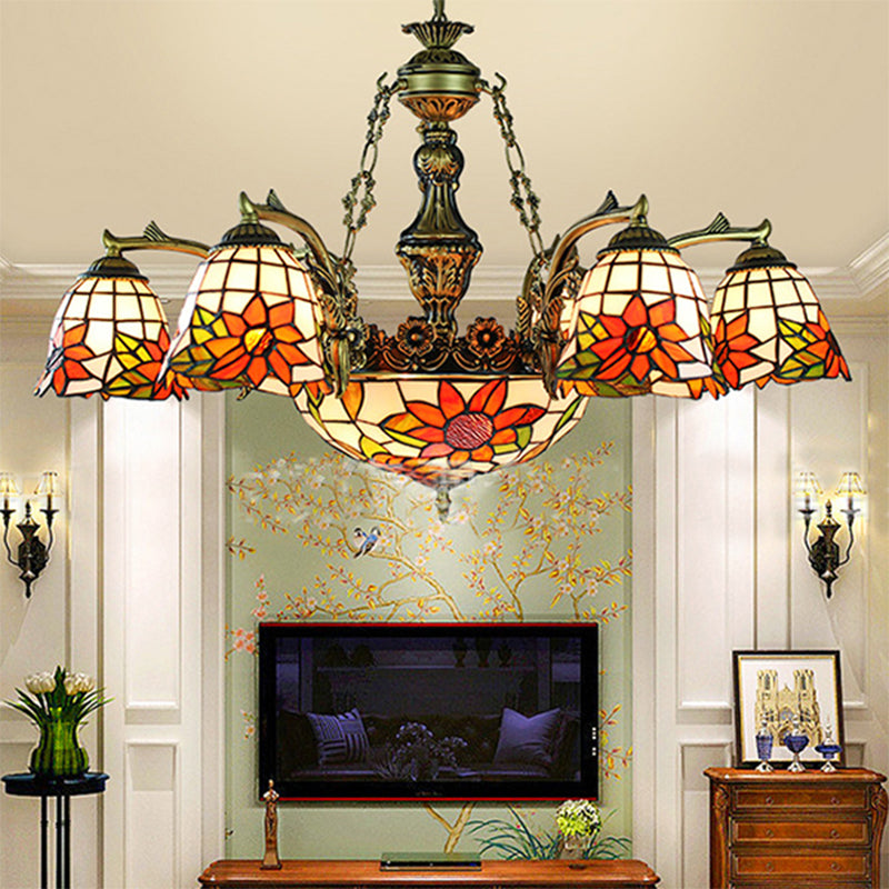 Tiffany lampadario svasato a 11 luci vetrate a soffitto appeso in bronzo antico con motivazione geometrica/libellula/girasole