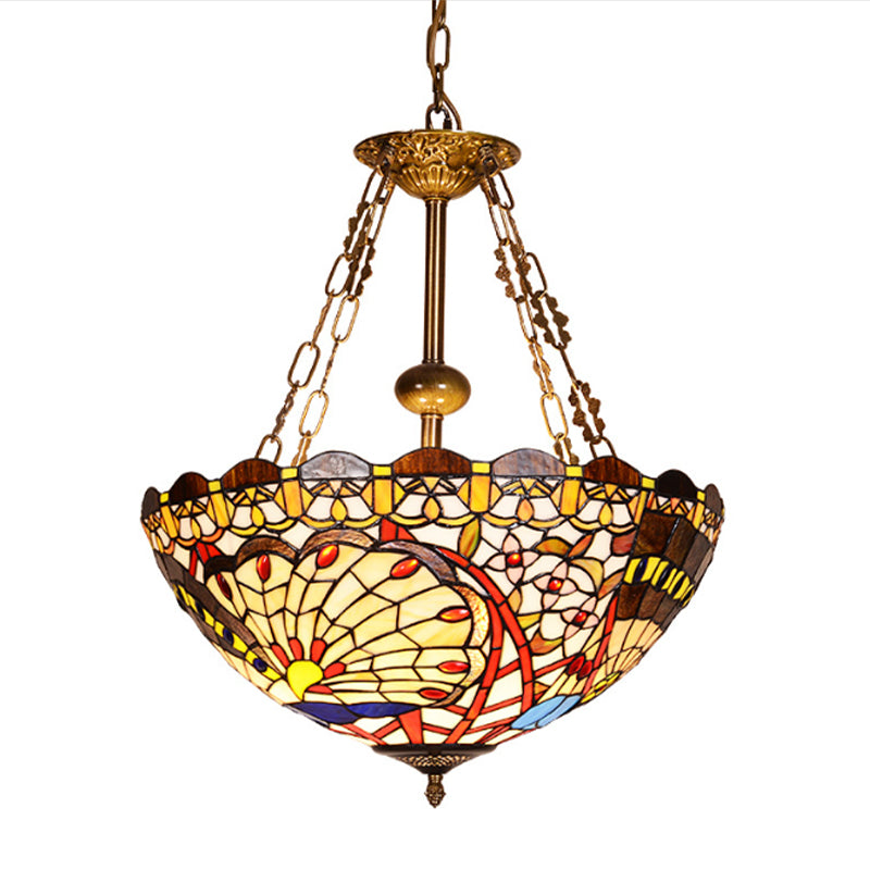 3 Bulbs Bowl Chandelier Lighting with Stained Glass Shade Victorian Pendant Light in Multi Color