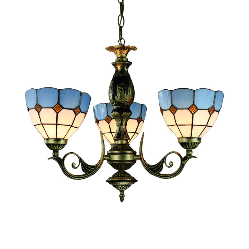 Lampadario della ciotola di finitura in ottone con catena di metallo e tonalità in vetro blu vintage tiffany a 3 luci luce a sospensione