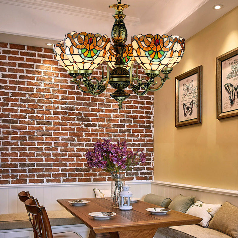 5 lumières Bol Plafond Pendent Victorien Hauteur Talage réglable Talage de vitraux suspendus
