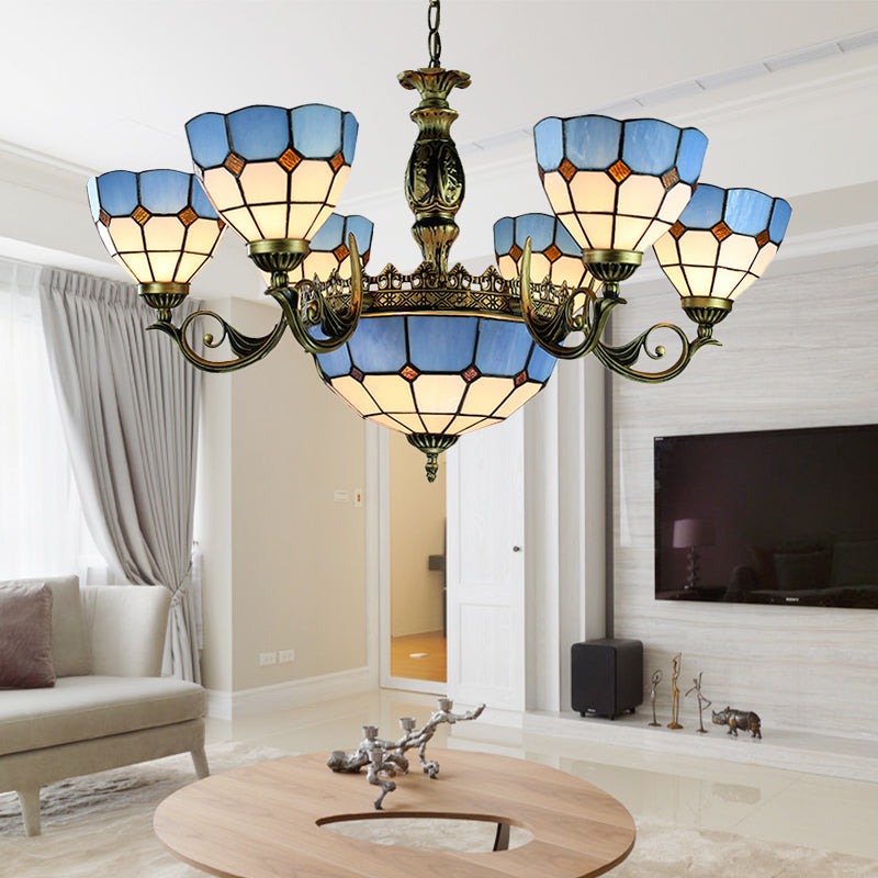 Lámpara colgante azul de 9 luces, lámpara de techo con cúpula de vidrieras náuticas para sala de estar