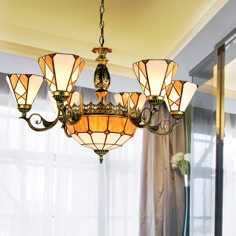 9 Lights Pendant Lamp Tiffany-Style Conical Stained Glass Ceiling Chandelier in Yellow for Bedroom