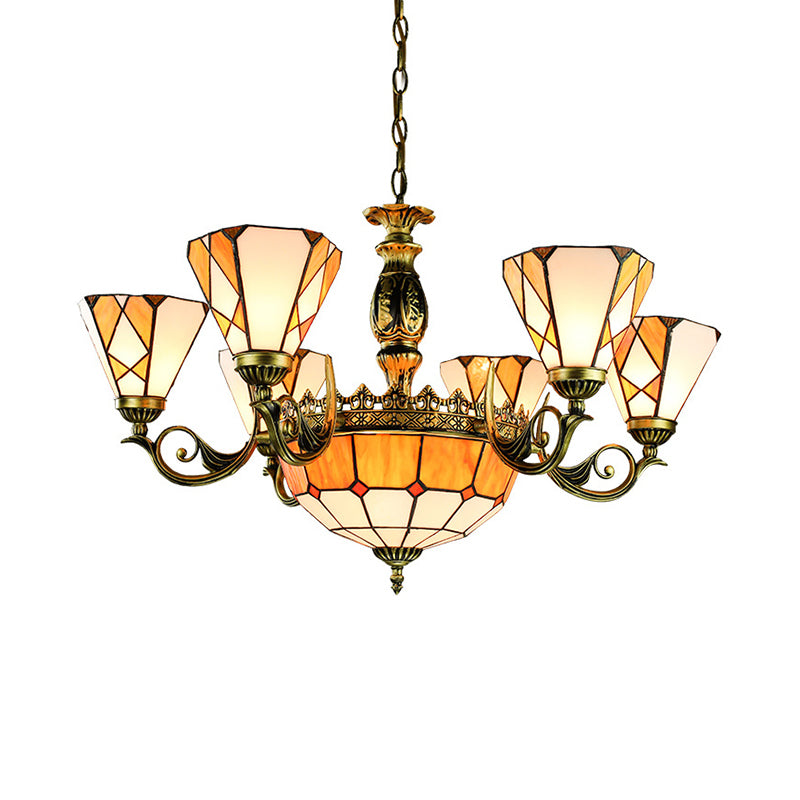 9 Lights Pendant Lamp Tiffany-Style Conical Stained Glass Ceiling Chandelier in Yellow for Bedroom