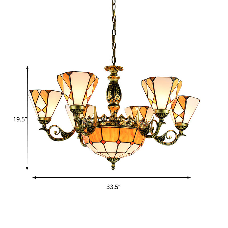 9 Lights Pendant Lamp Tiffany-Style Conical Stained Glass Ceiling Chandelier in Yellow for Bedroom