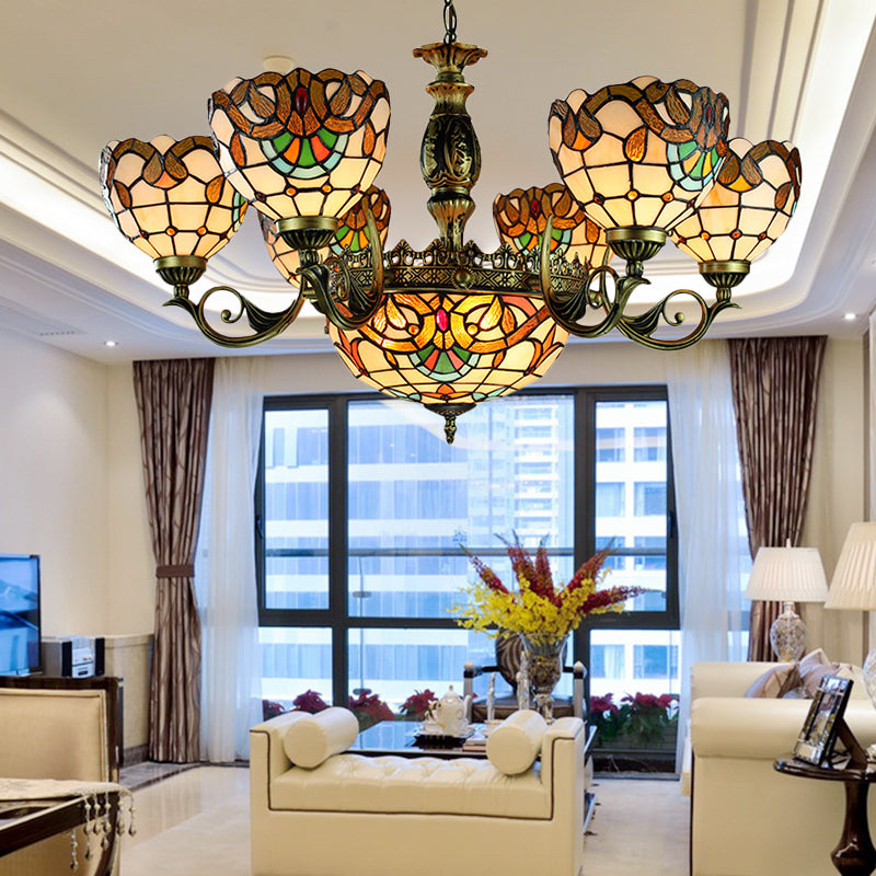 Pendre en forme de dôme de style victorien 11 lustre de plafond en verre léger en beige pour le salon