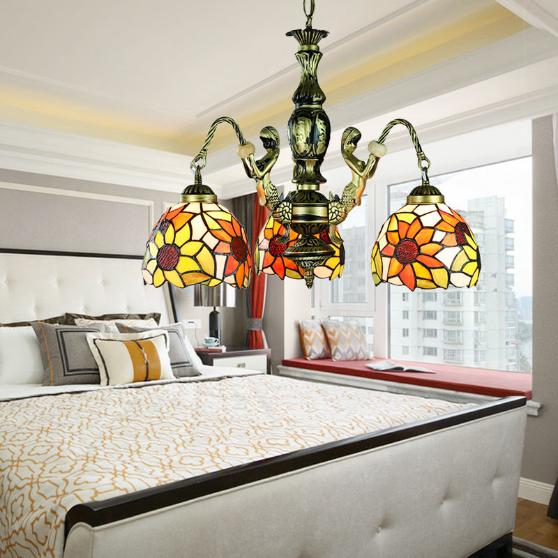 3 Lights Dining Room Ceiling Lamp Baroque Orange Chandelier Pendant Light with Sunflower Stained Glass Shade