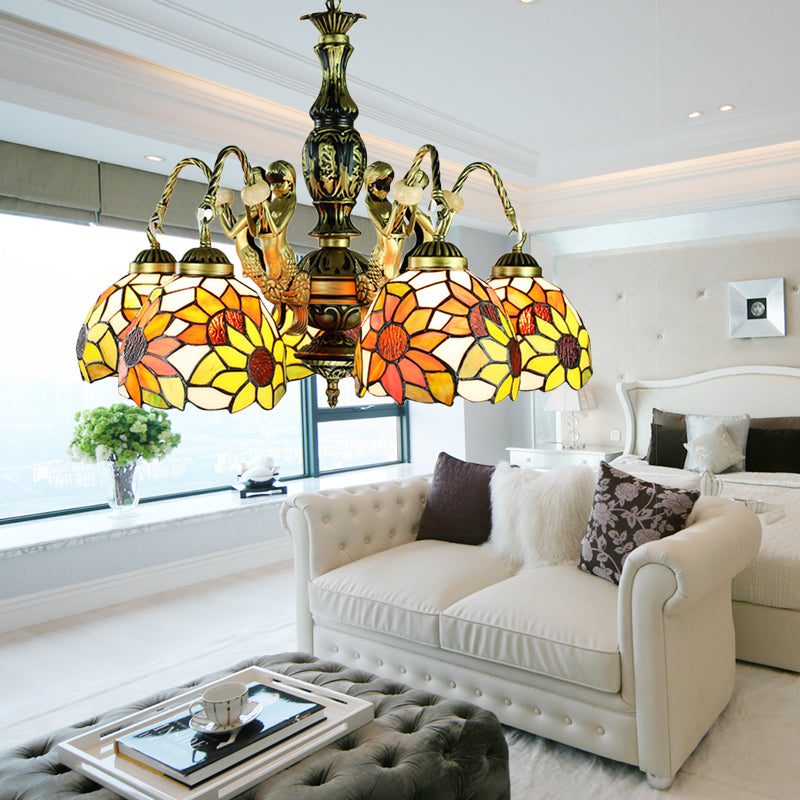 Lampada a pendente arancione in vetro art colorato girasole 5 luci lampada lampadario tiffany con sirena