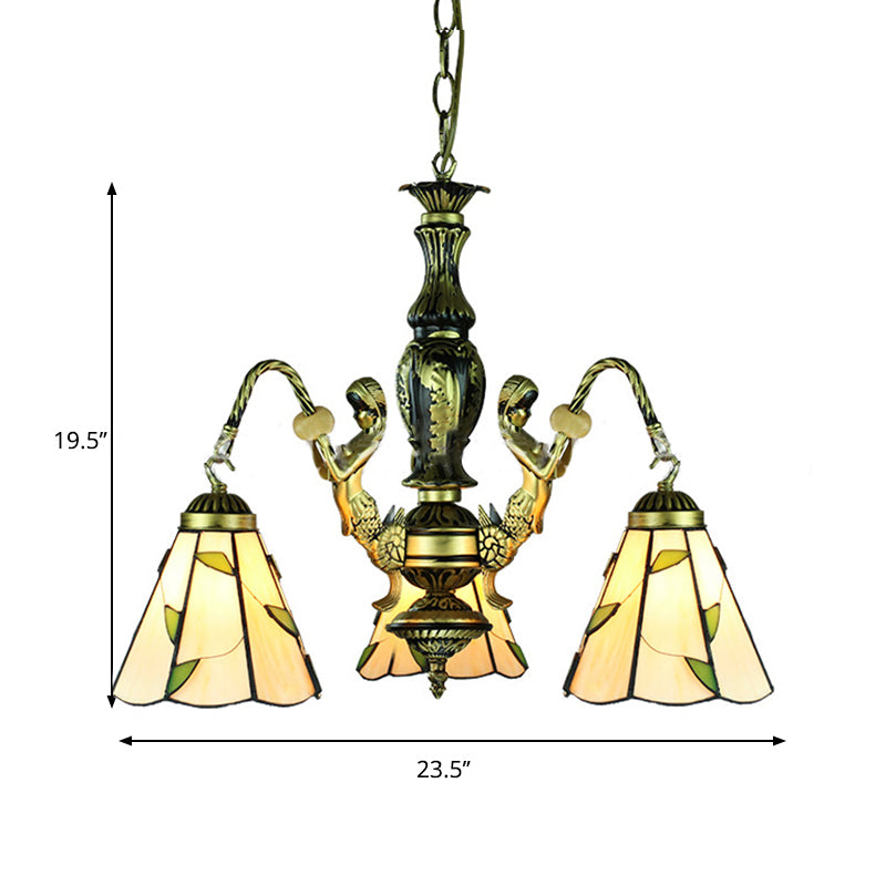 Beige 3 Lichter Kronleuchter Leuchte Tiffany geschnittenes Glas Meerjungfrau Anhängerlampe für Esszimmer