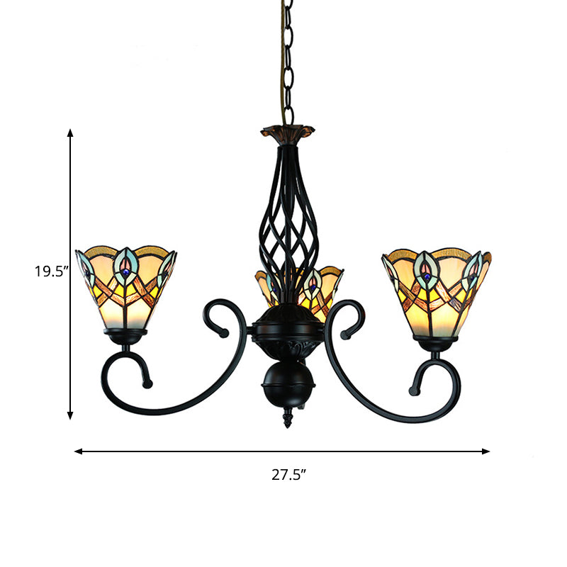 Lustre paon finition noire, vitrail, 3 lumières, lampe à suspension rustique pour Table à manger