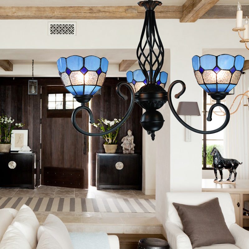 Mediterrane kom hanglamp met gebogen arm blauw glas 3 lichten foyer kroonluchter