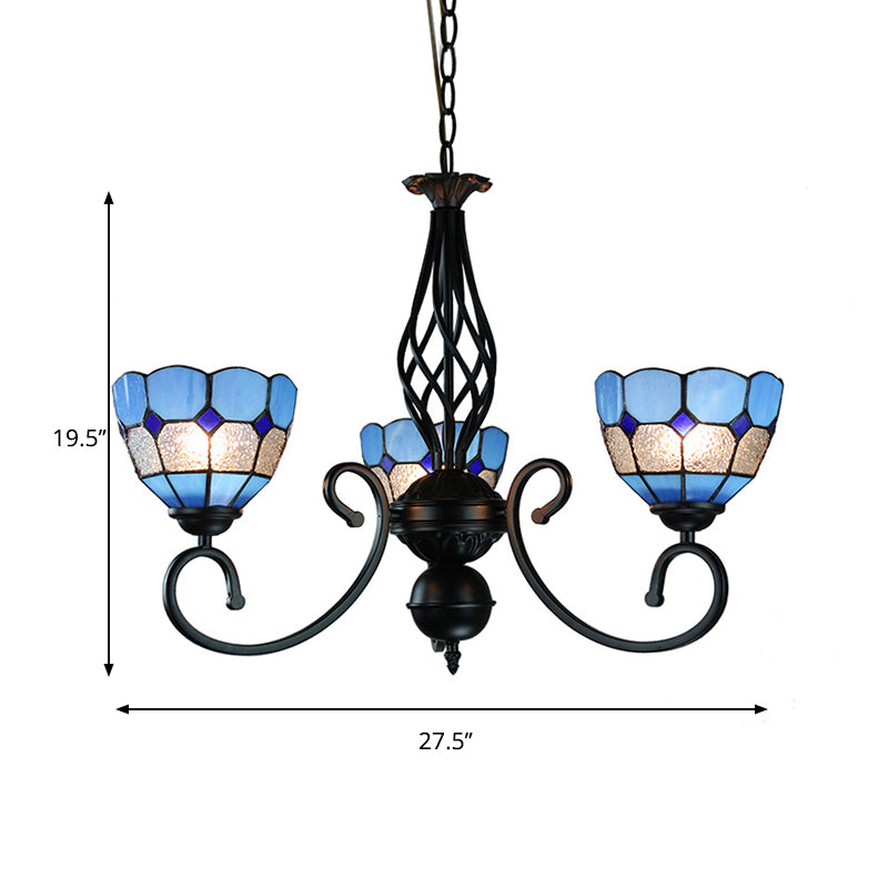 Mediterrane kom hanglamp met gebogen arm blauw glas 3 lichten foyer kroonluchter