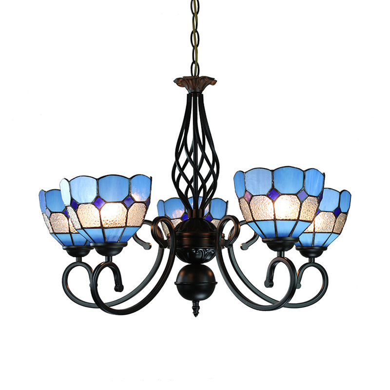 5 lumières Bowl Lighting Chandelier avec une nuance de verre de chaîne réglable Méditerranée Pendante bleue