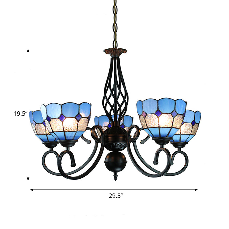 5 lumières Bowl Lighting Chandelier avec une nuance de verre de chaîne réglable Méditerranée Pendante bleue