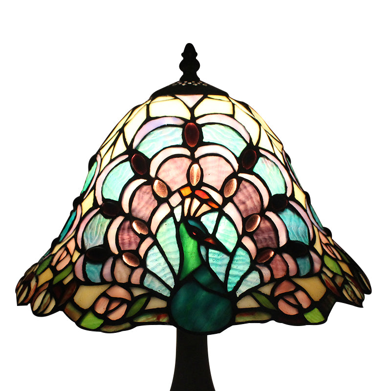 Restaurant Plug In Desk Light Stained Glass 1 Head Tiffany Rustic Reading Light with Peacock Tail/Dragonfly Design in Green