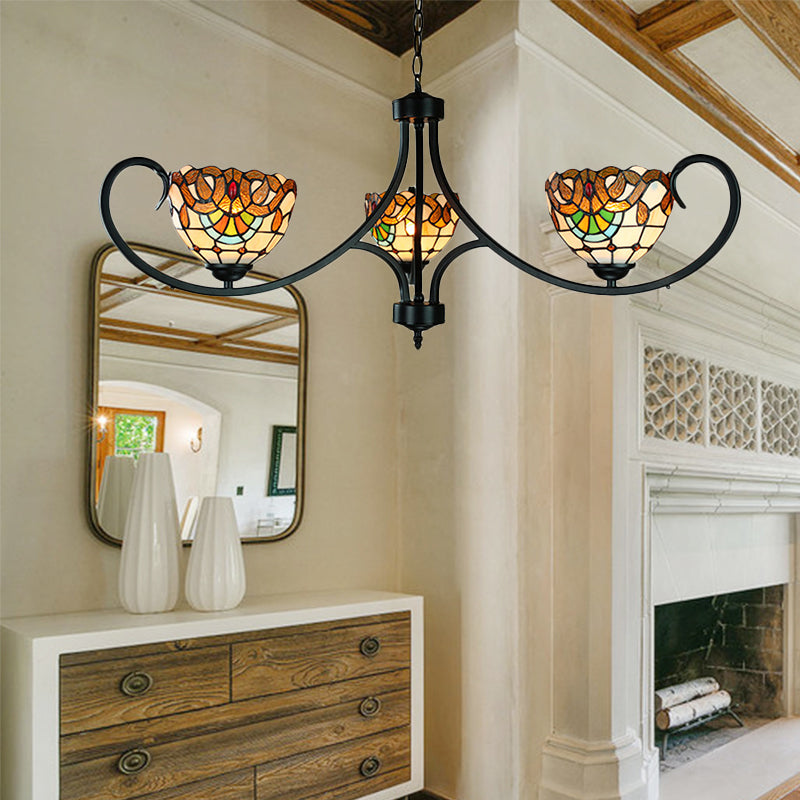 Victorian Bowl ciotola Luce a sospensione con catena sospesa vetrate 3 luci lampadario in beige per sala da pranzo