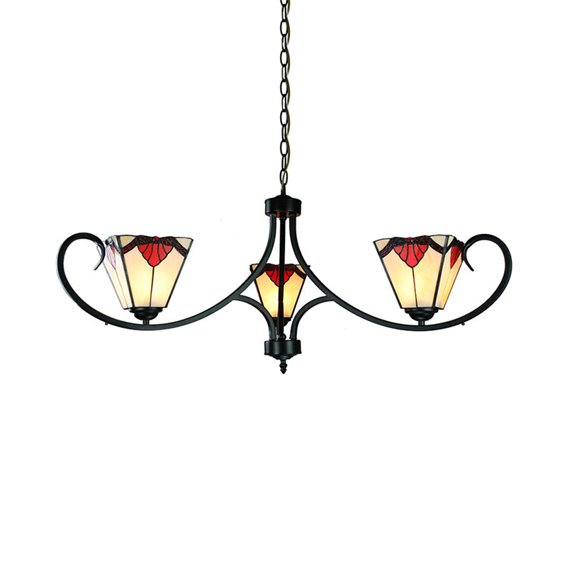 Pyramid -Kronleuchter mit Buntglas Schatten 3 Lichter Mission Anhänger Licht in Rot für das Restaurant