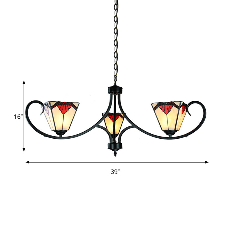 Lampadario piramide con tonalità vetrata in vetro 3 luci missione a sospensione in rosso per il ristorante