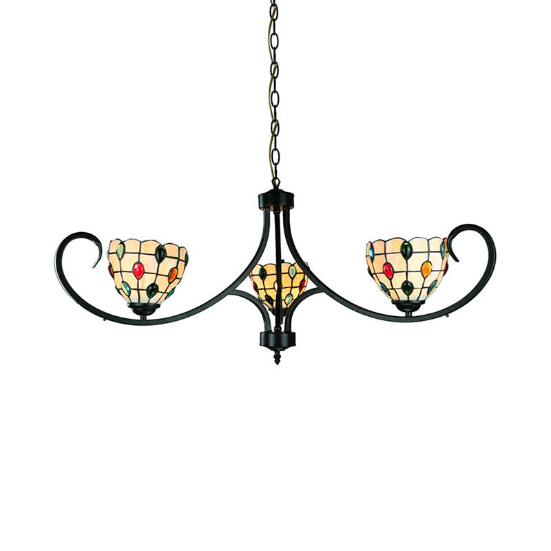 Beige Bowl Suspended Light with Colorful Bead Tiffany Stained Glass 3 Lights Chandelier for Dining Room