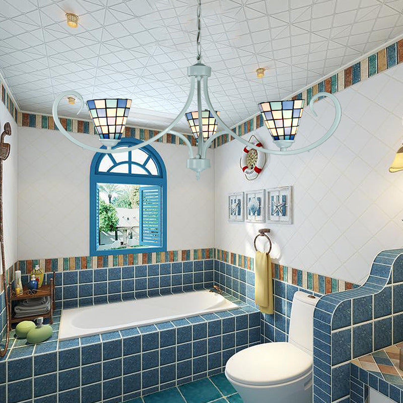 Illuminazione a ciondolo cono con catena regolabile tradizionale lampadario di vetro colorato a 3 luci in blu