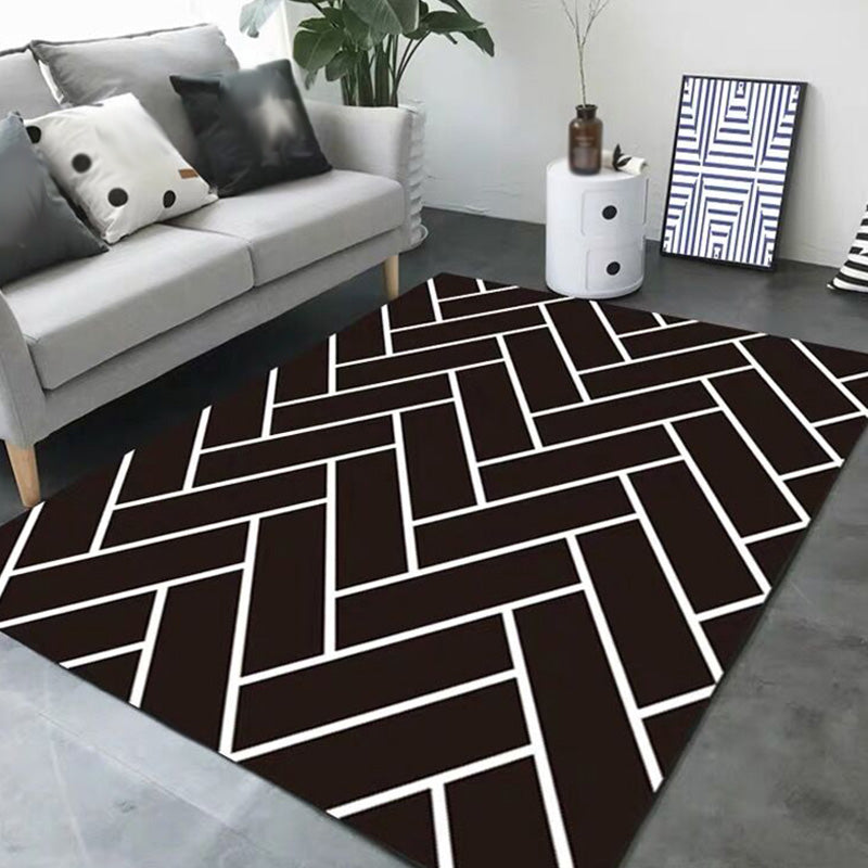 Stylish Black Modernist Rug Polyester Geometric and Stripe Pattern Rug Washable Pet Friendly Non-Slip Carpet for Living Room