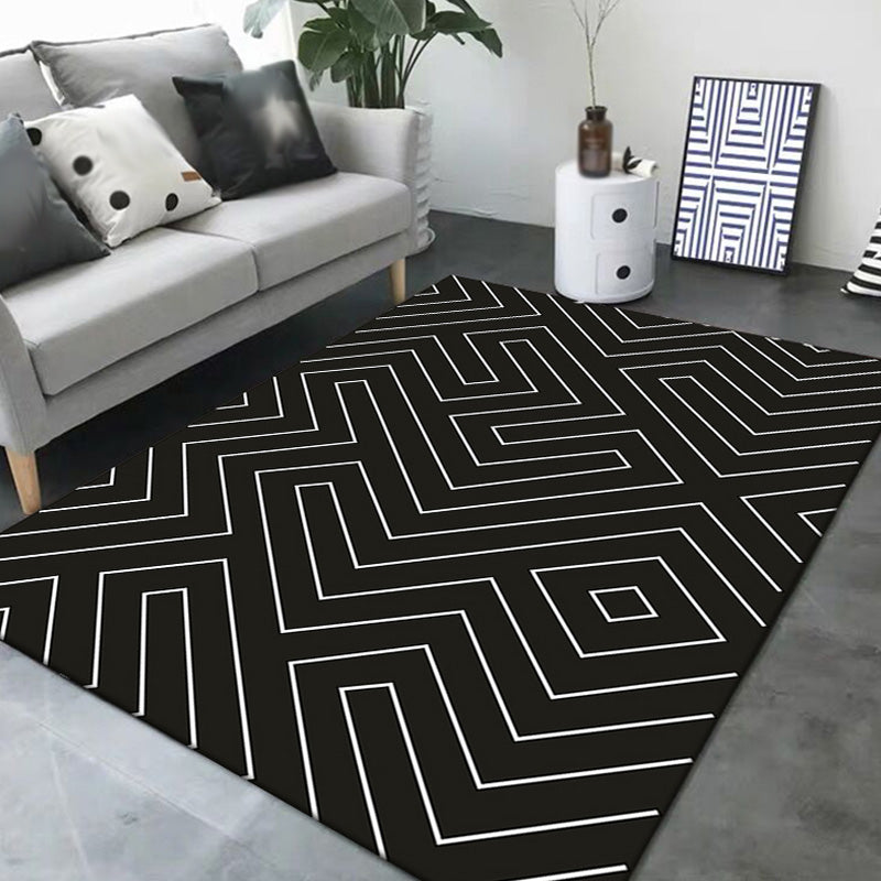Stylish Black Modernist Rug Polyester Geometric and Stripe Pattern Rug Washable Pet Friendly Non-Slip Carpet for Living Room