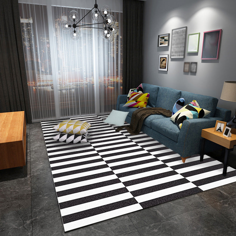 Stylish Black Modernist Rug Polyester Geometric and Stripe Pattern Rug Washable Pet Friendly Non-Slip Carpet for Living Room