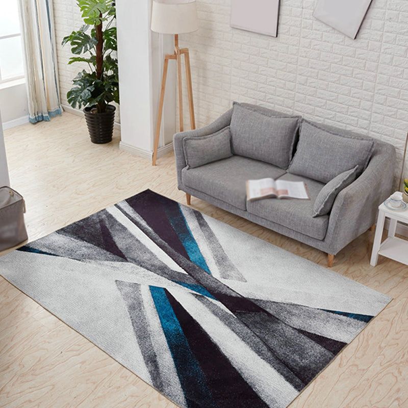 Modernist Geometric Pattern Rug Grey and Blue Polyester Rug Non-Slip Backing Washable Pet Friendly Carpet for Home