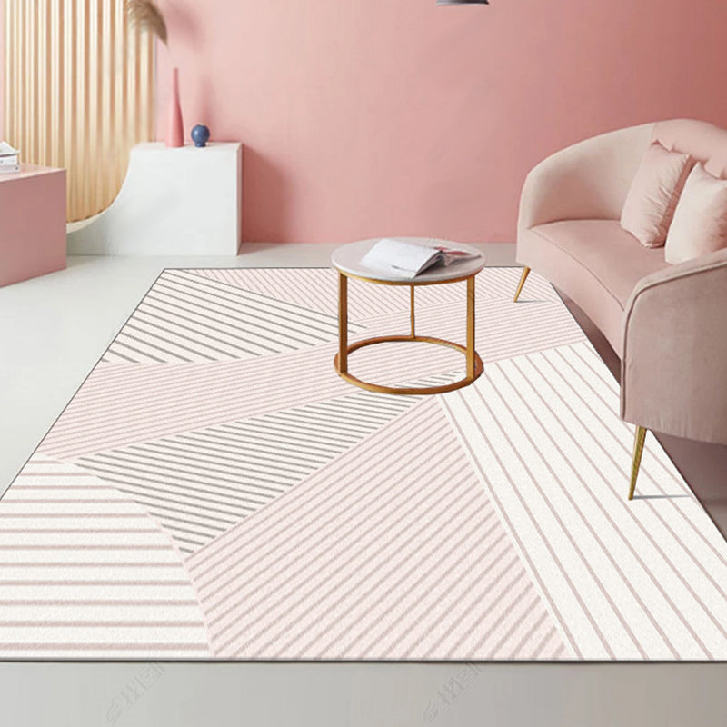 Modernist Striped Pattern Rug Light Grey and Pink Polyester Rug Non-Slip Backing Washable Pet Friendly Carpet for Home