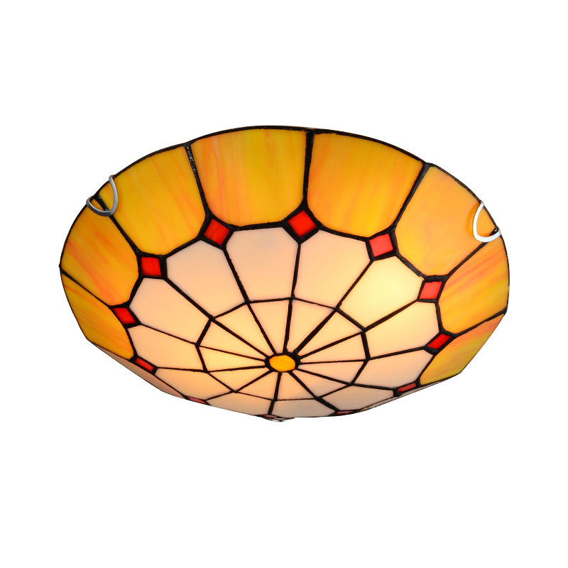 12"/16" Wide Art Glass Grid Bowl Ceiling Mount Light Tiffany Antique Ceiling Lamp in Blue/Orange/Yellow for Bedroom