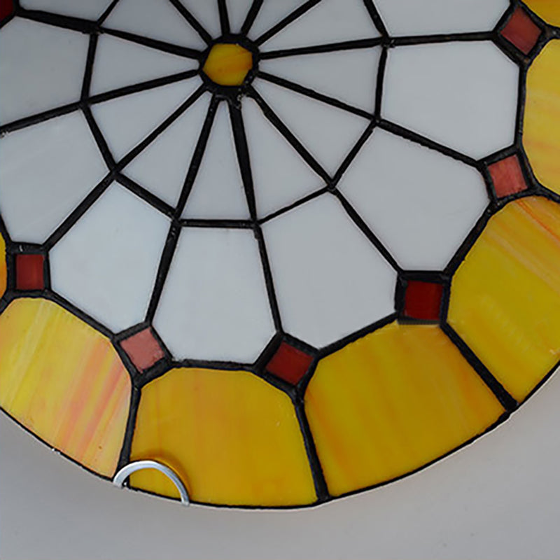 12"/16" Wide Art Glass Grid Bowl Ceiling Mount Light Tiffany Antique Ceiling Lamp in Blue/Orange/Yellow for Bedroom