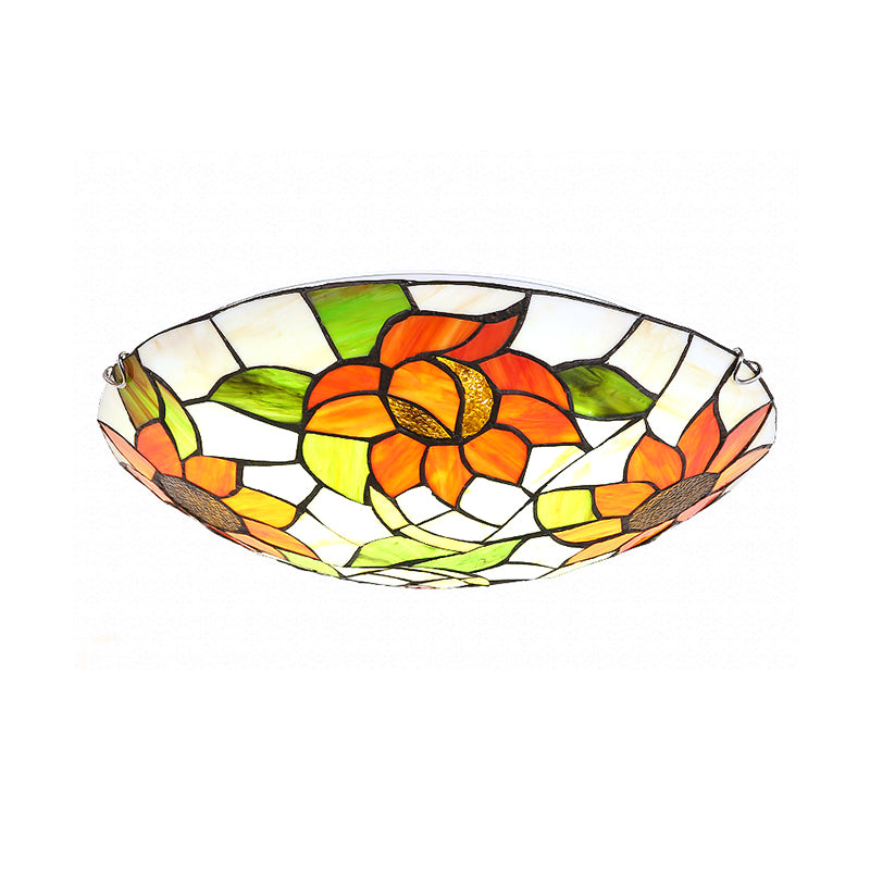 Hotel Dome Flush Mount Light with Sunflower Pattern Stained Glass Orange Ceiling Lamp