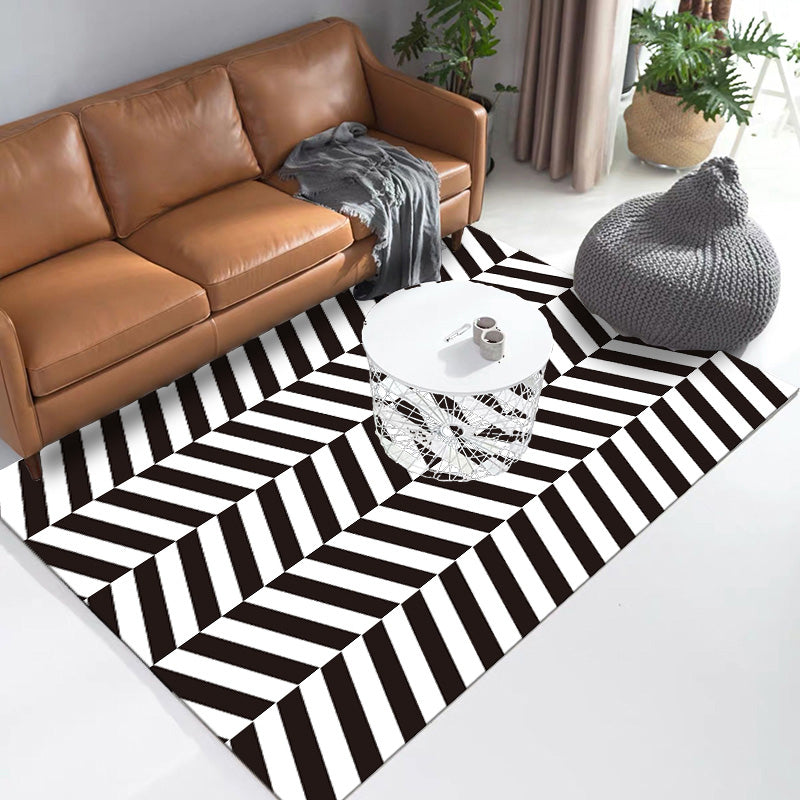 Modernist Striped Pattern Rug Black and White Polyester Rug Non-Slip Backing Washable Pet Friendly Carpet for Bedroom