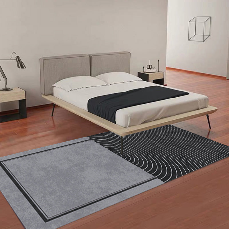 Grey Geometric Pattern Rug with Stripe Polyester Modern Rug Washable Anti-Slip Pet Friendly Area Rug for Living Room