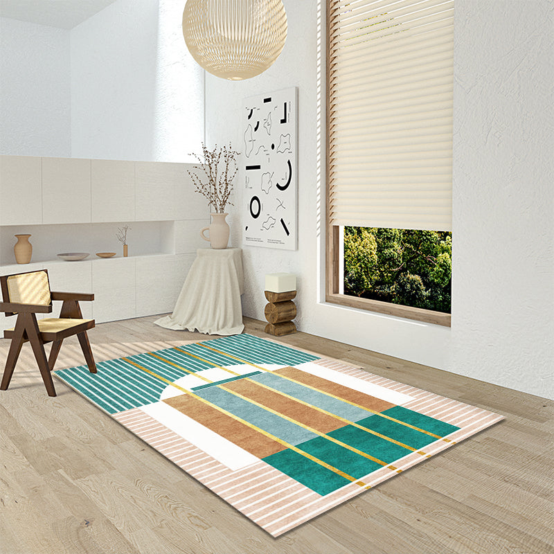 Novelty Geometric Pattern Rug with Stripe Grey and Green Polyester Rug Non-Slip Backing Washable Pet Friendly Carpet for Home