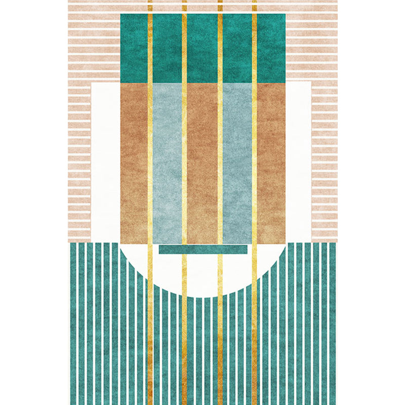 Novelty Geometric Pattern Rug with Stripe Grey and Green Polyester Rug Non-Slip Backing Washable Pet Friendly Carpet for Home