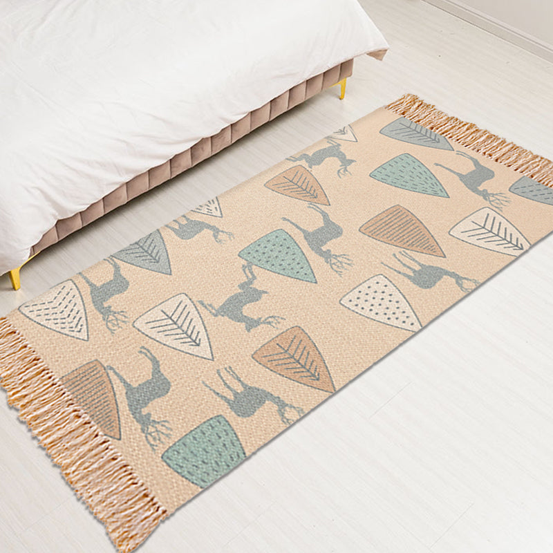 Tribal Deer Pattern Rug Brown Polyester Rug Non-Slip Backing Washable Pet Friendly Carpet for Home