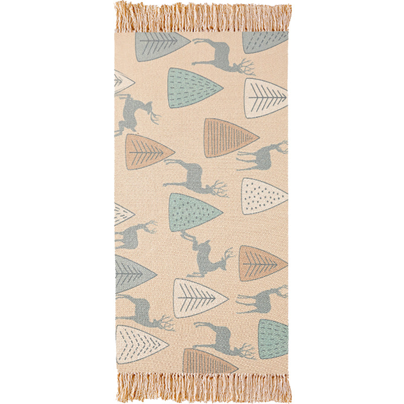 Tribal Deer Pattern Rug Brown Polyester Rug Non-Slip Backing Washable Pet Friendly Carpet for Home