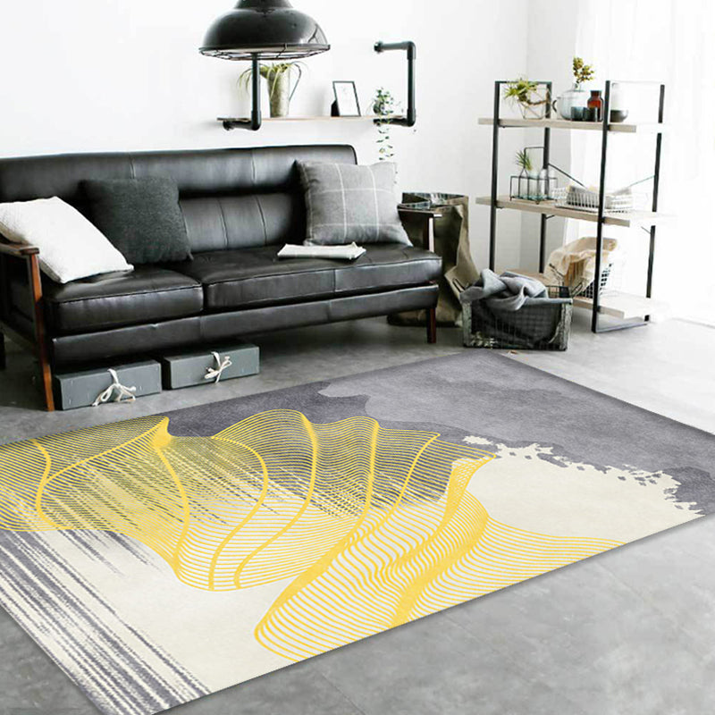 Modernist Abstract Rug Grey and Yellow Polyester Rug Non-Slip Backing Washable Pet Friendly Carpet for Home