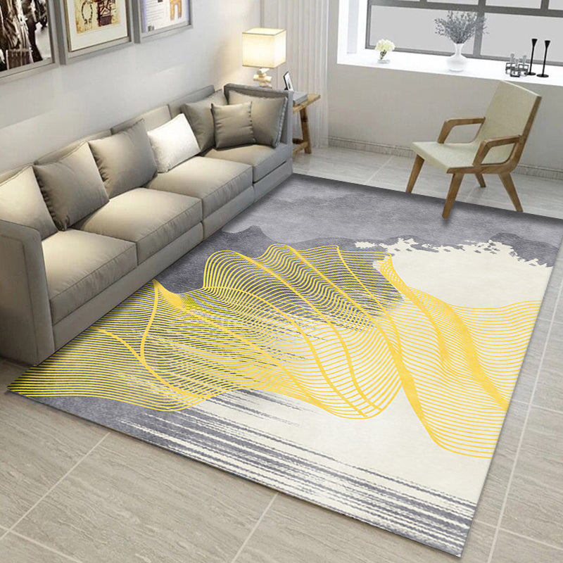 Modernist Abstract Rug Grey and Yellow Polyester Rug Non-Slip Backing Washable Pet Friendly Carpet for Home
